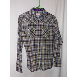 Wrangler Plaid Western Shirt Womens M Studded Purple Green‎ Long Sleeve